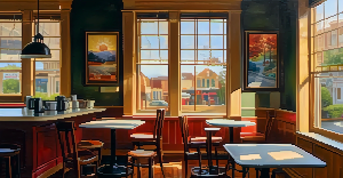 A warm and inviting coffee shop with wooden furniture, colorful artwork, and sunlight filtering through windows.