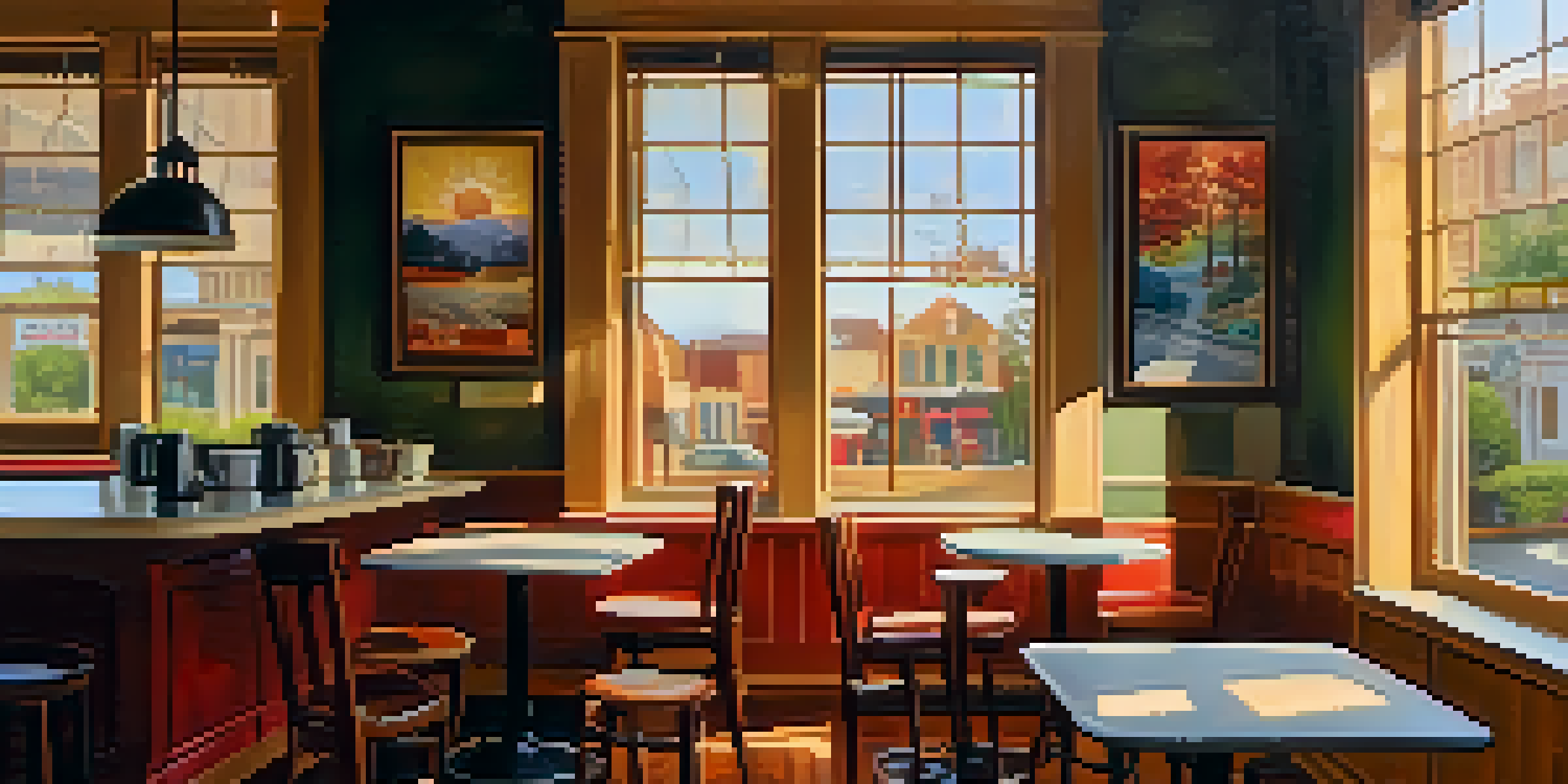 A warm and inviting coffee shop with wooden furniture, colorful artwork, and sunlight filtering through windows.
