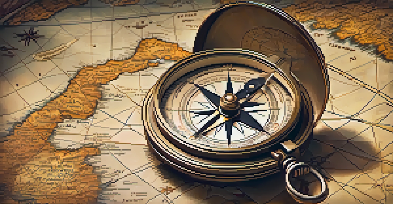 A close-up of a vintage compass on an ancient map, with warm lighting and intricate details.