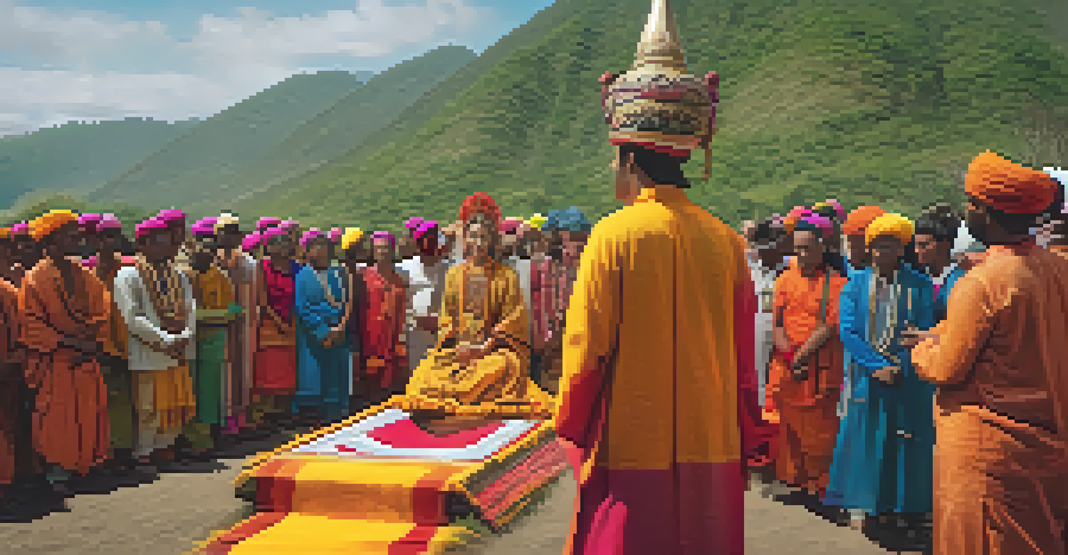 A filmmaker observing a colorful cultural ceremony in a vibrant natural landscape.