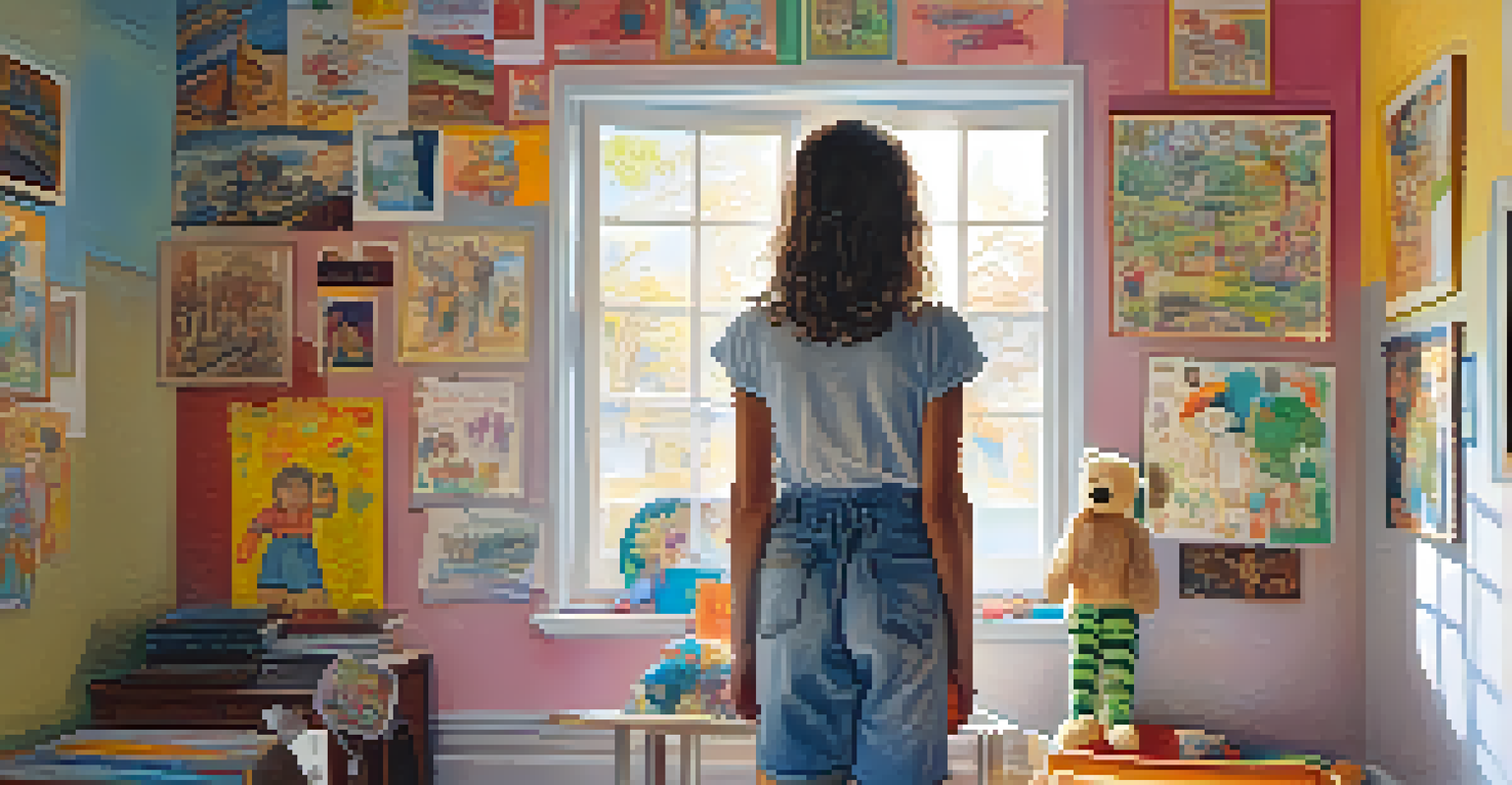 A young adult holding a teddy bear in a bright room decorated with childhood drawings.