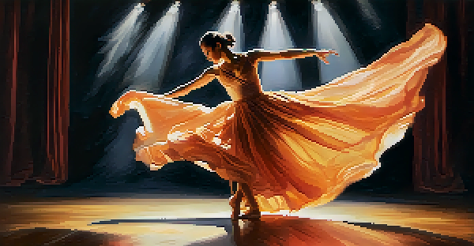 A dancer illuminated by a spotlight in a dim theatre, showcasing fluid movements and expressive emotions.