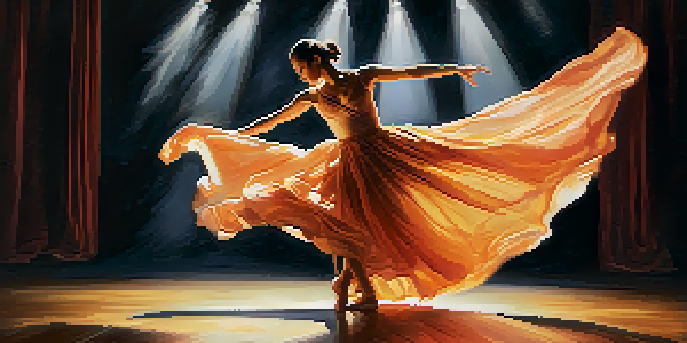 A dancer illuminated by a spotlight in a dim theatre, showcasing fluid movements and expressive emotions.