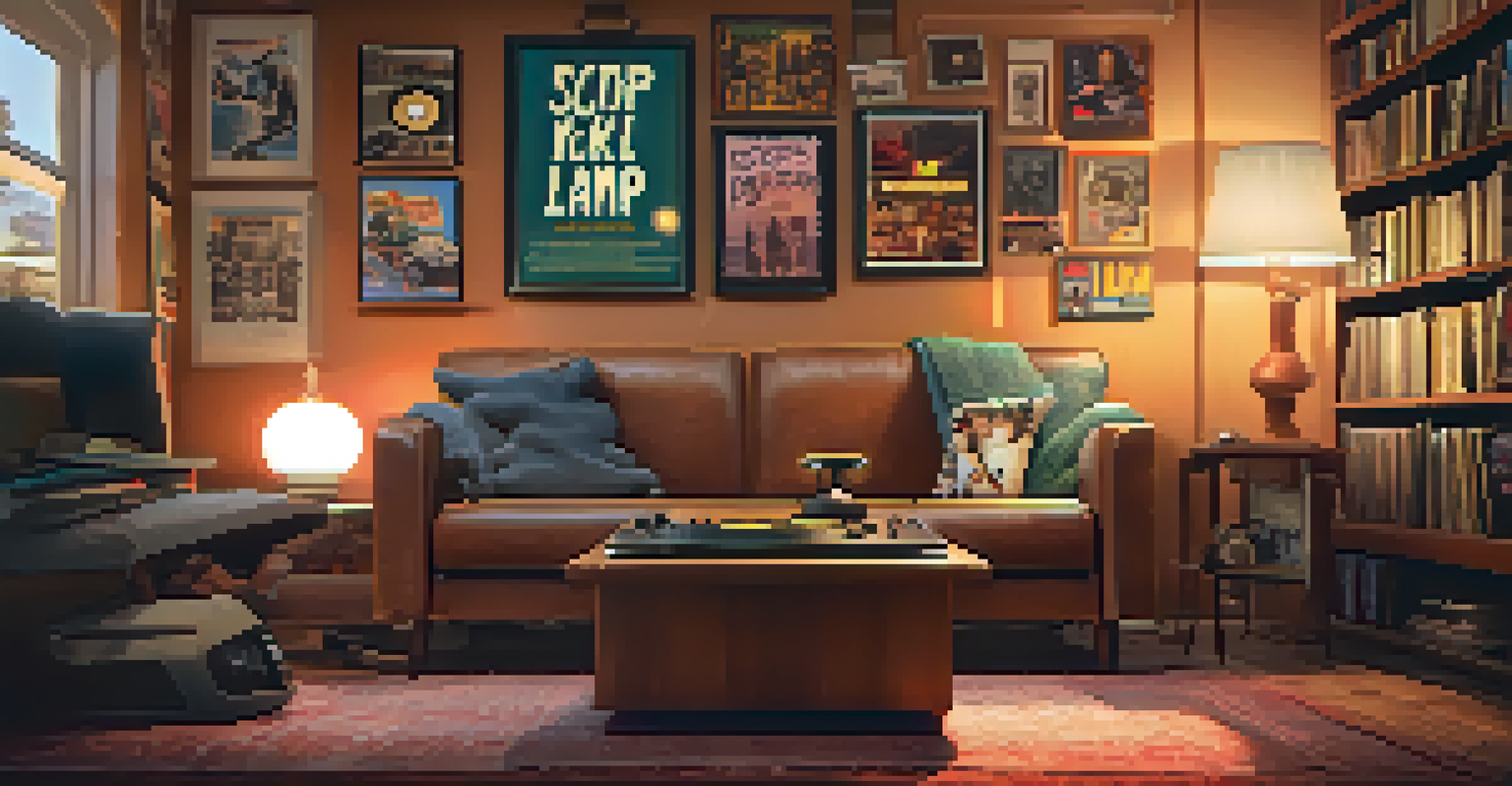 A cozy living room decorated with memorabilia from cult classic films, including a vintage record player and movie posters.