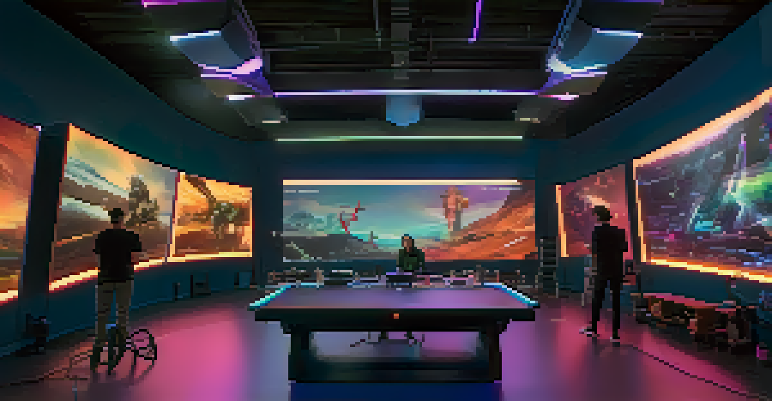 A modern filmmaking studio with advanced editing technology and filmmakers collaborating on a project.