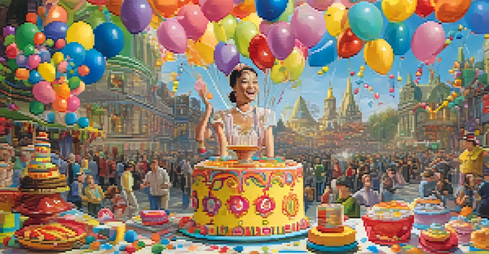 A character in a festive setting getting surprised as a cake topples over, surrounded by colorful decorations.