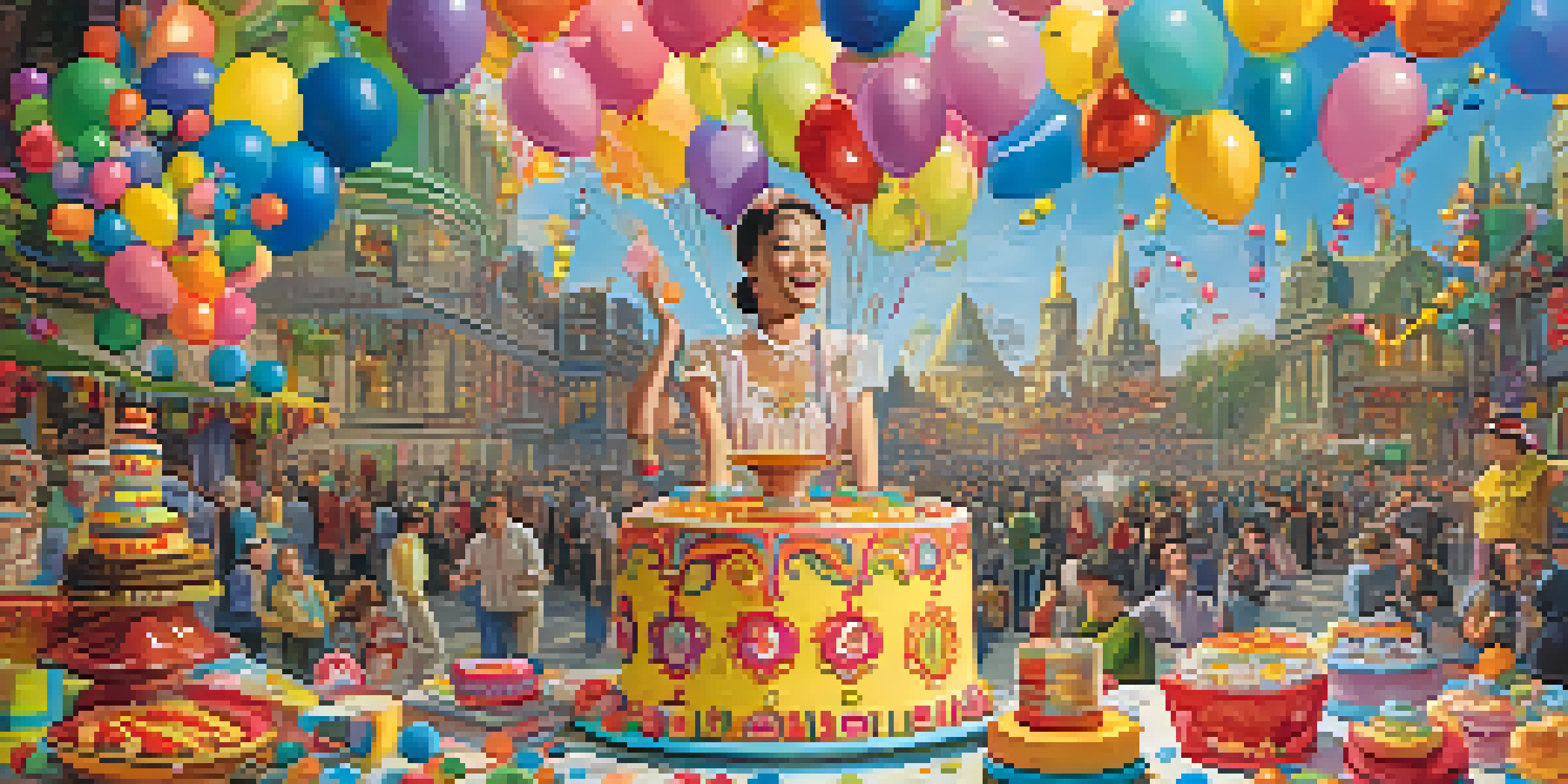 A character in a festive setting getting surprised as a cake topples over, surrounded by colorful decorations.