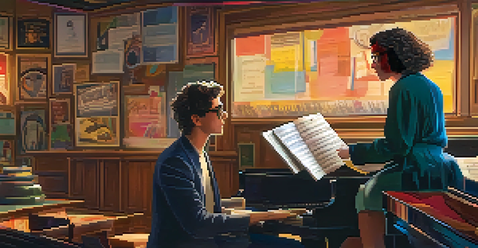 A director and a composer discussing a film score on a colorful film set with musical instruments and a grand piano.