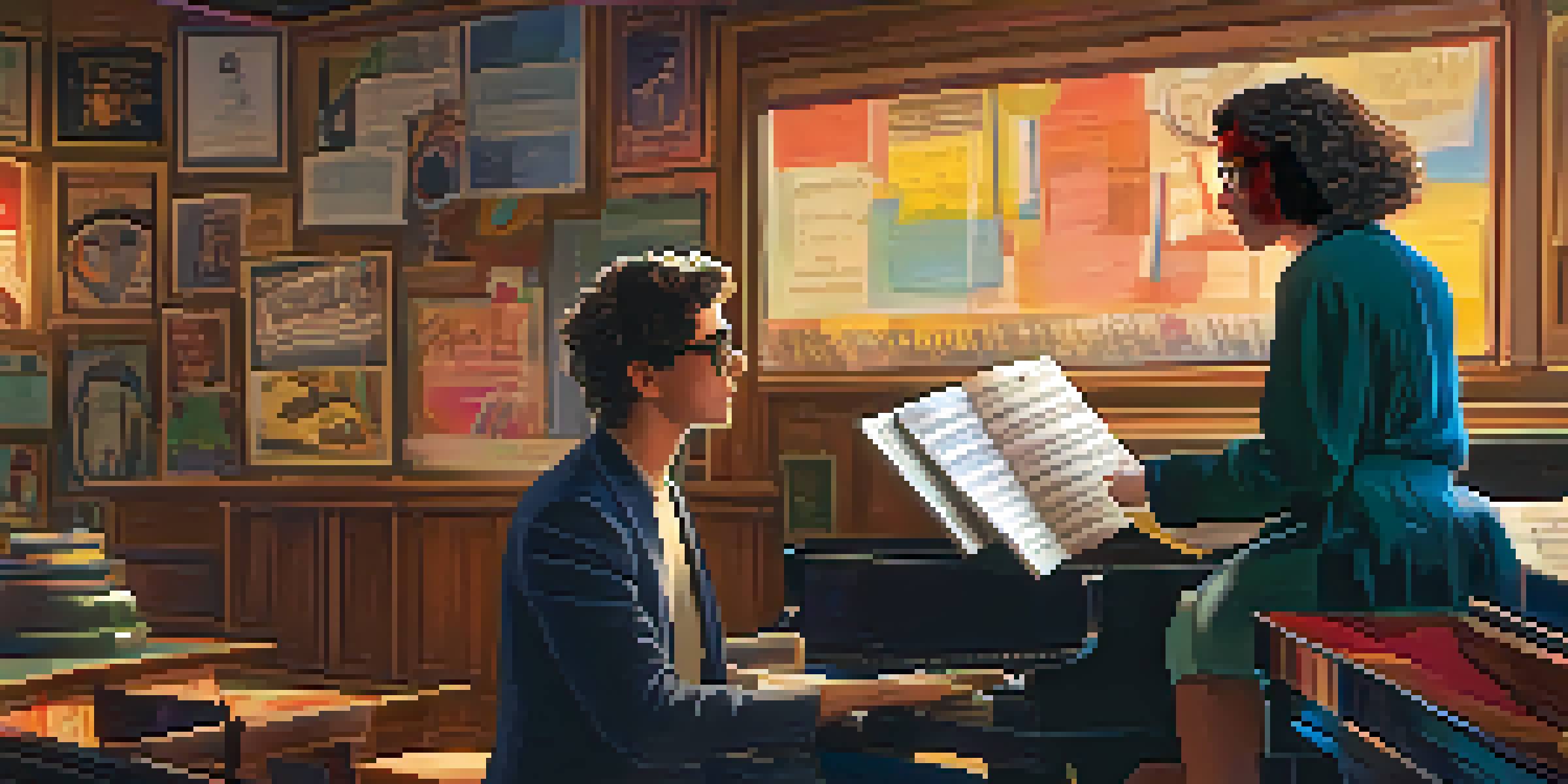 A director and a composer discussing a film score on a colorful film set with musical instruments and a grand piano.