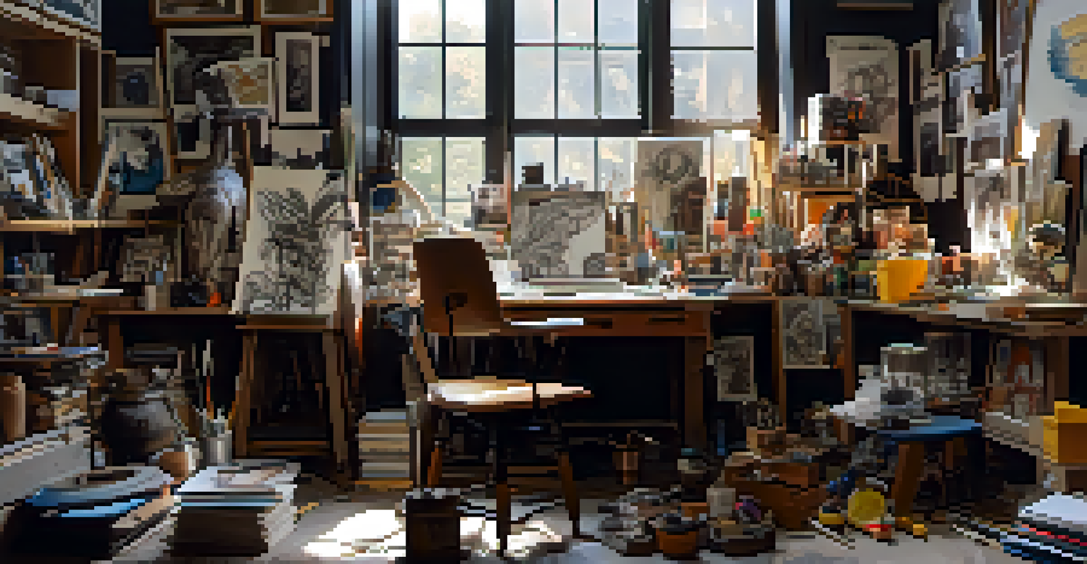 An artist's workspace with sketches and models of film creatures, featuring a half-finished animatronic head, illuminated by natural light from a window.
