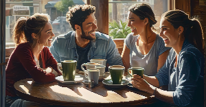 A warm and inviting coffee shop where diverse friends share laughter and joy over coffee, with sunlight illuminating the space.