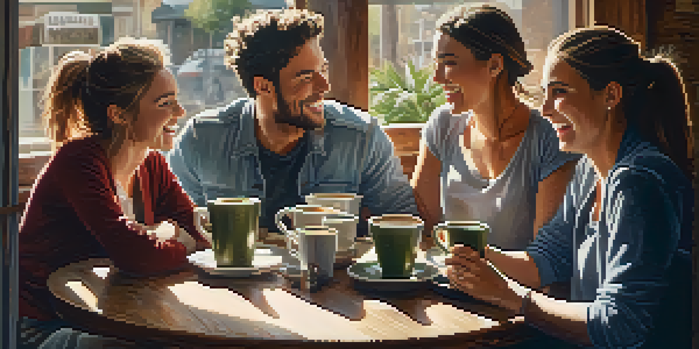 A warm and inviting coffee shop where diverse friends share laughter and joy over coffee, with sunlight illuminating the space.