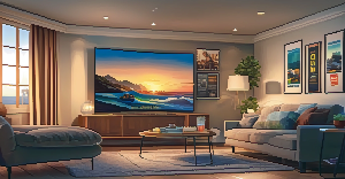A warm and inviting living room featuring a large TV with a streaming interface, comfortable seating, and a bowl of popcorn, illuminated by soft lighting and a sunset view outside.