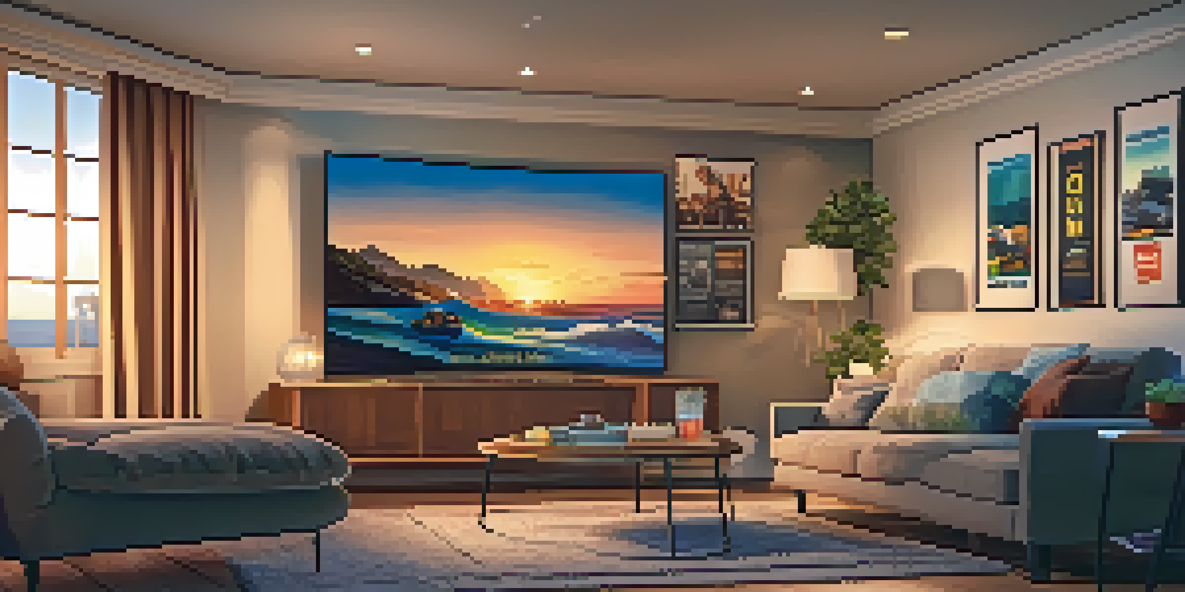 A warm and inviting living room featuring a large TV with a streaming interface, comfortable seating, and a bowl of popcorn, illuminated by soft lighting and a sunset view outside.