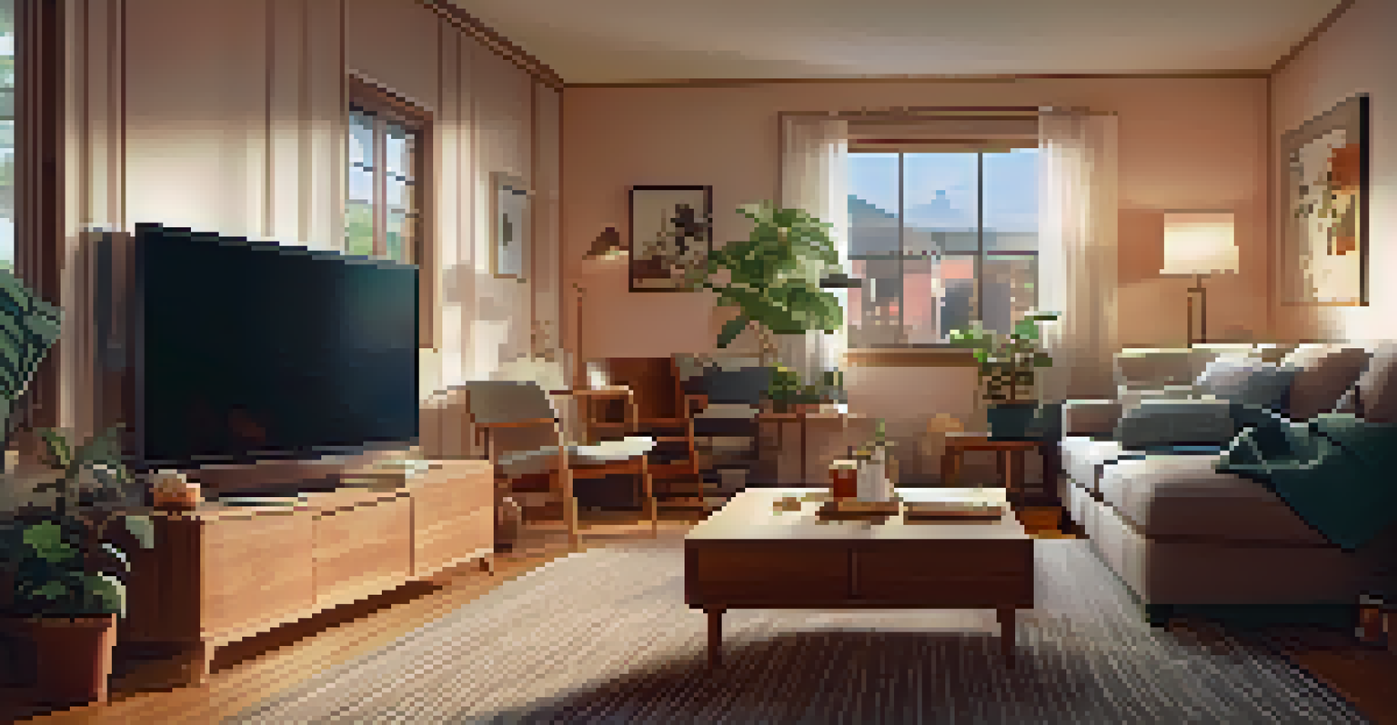 A family watching a movie in a cozy living room with a streaming service on the TV.
