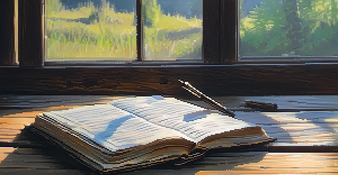 A worn-out journal on a rustic wooden table with soft morning light creating shadows, accompanied by a pen.