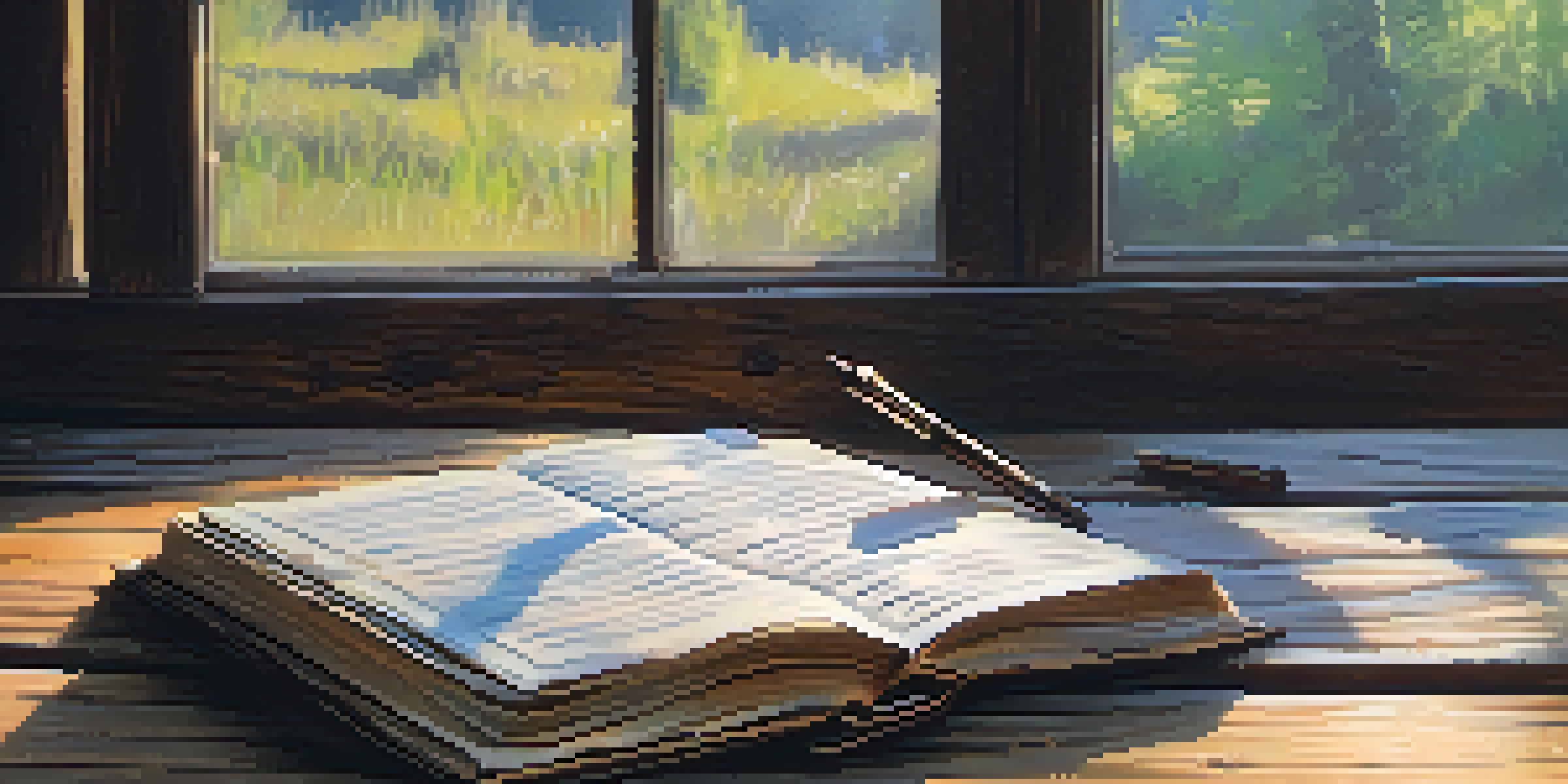 A worn-out journal on a rustic wooden table with soft morning light creating shadows, accompanied by a pen.