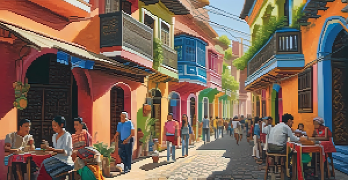 A lively Latin American street with colorful buildings, murals, and bustling markets filled with people and goods.