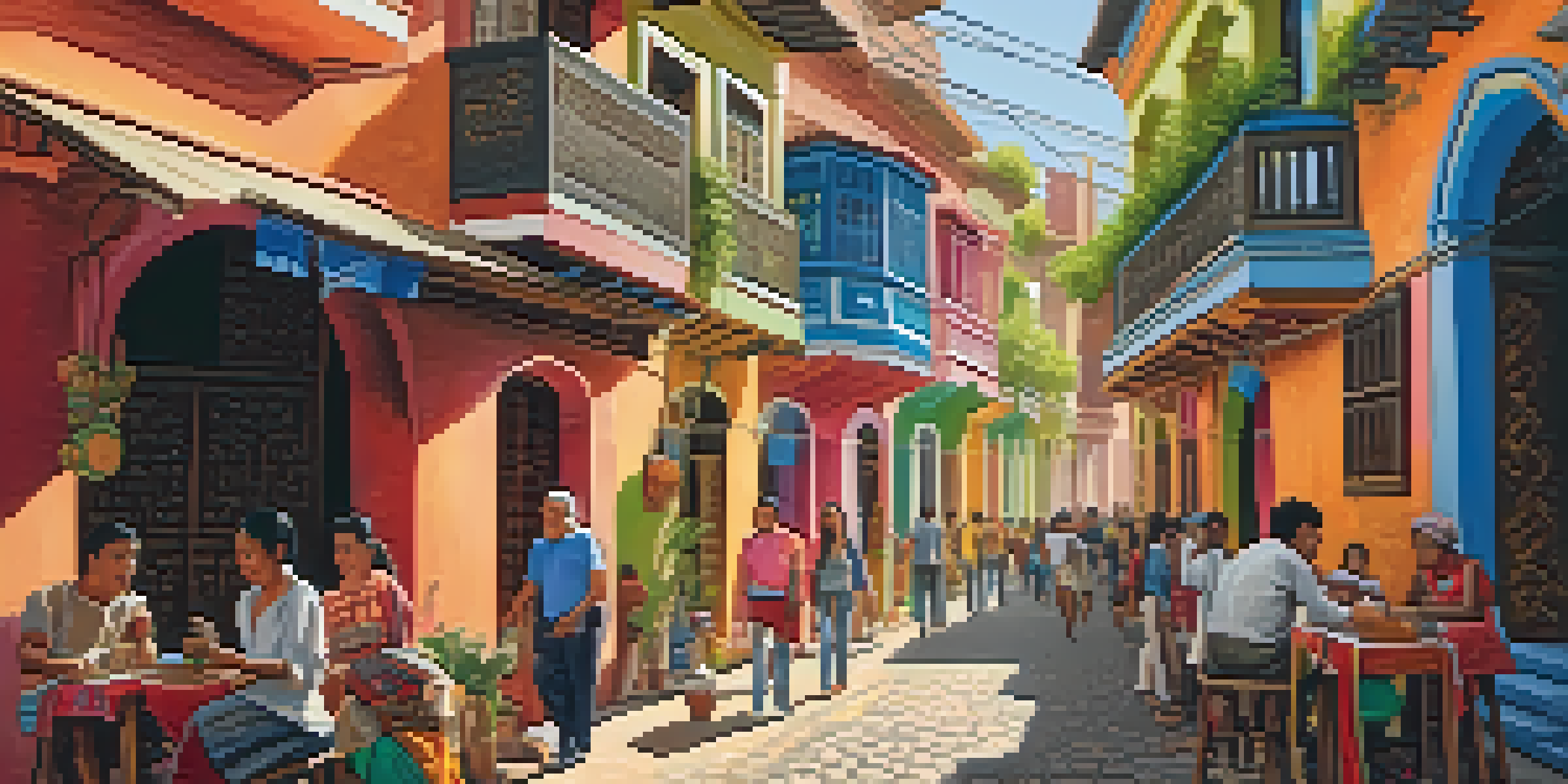 A lively Latin American street with colorful buildings, murals, and bustling markets filled with people and goods.