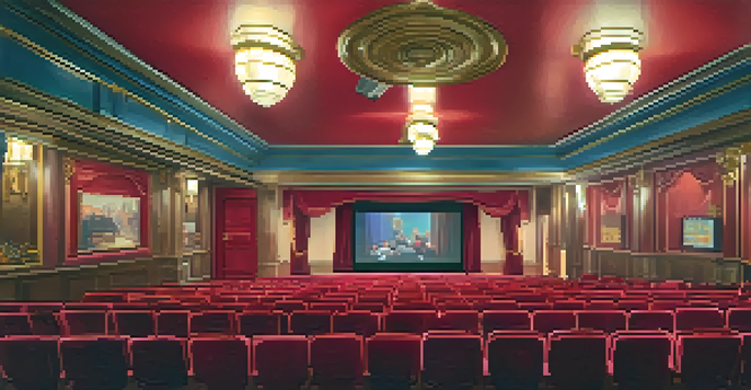 A cozy cinema with red velvet seats and a vintage projector, creating a warm and inviting atmosphere.