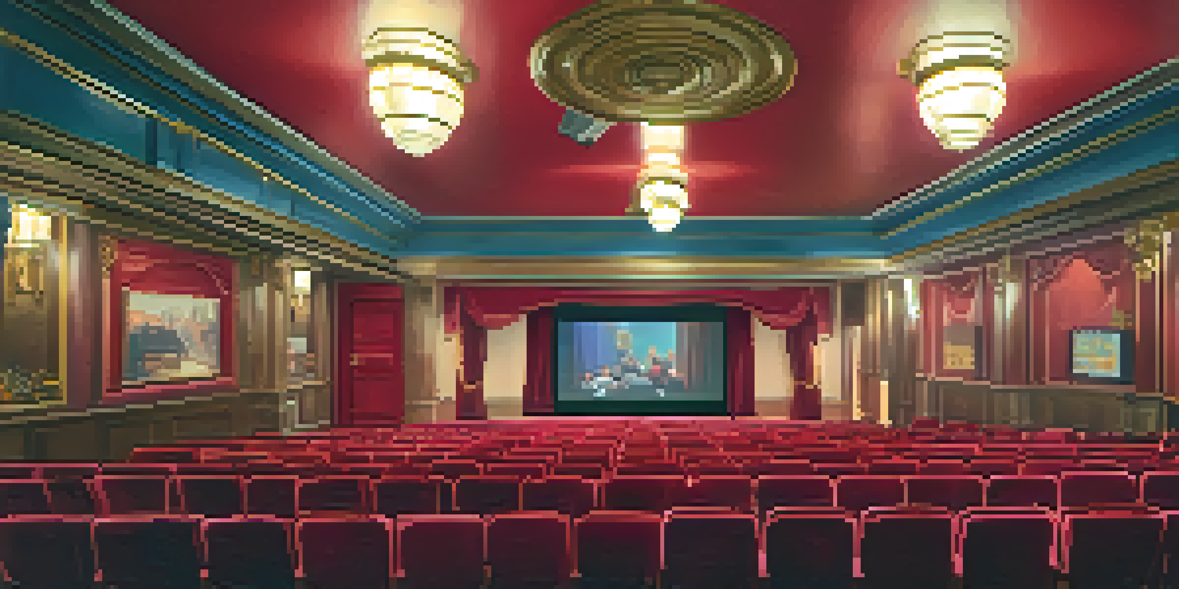 A cozy cinema with red velvet seats and a vintage projector, creating a warm and inviting atmosphere.