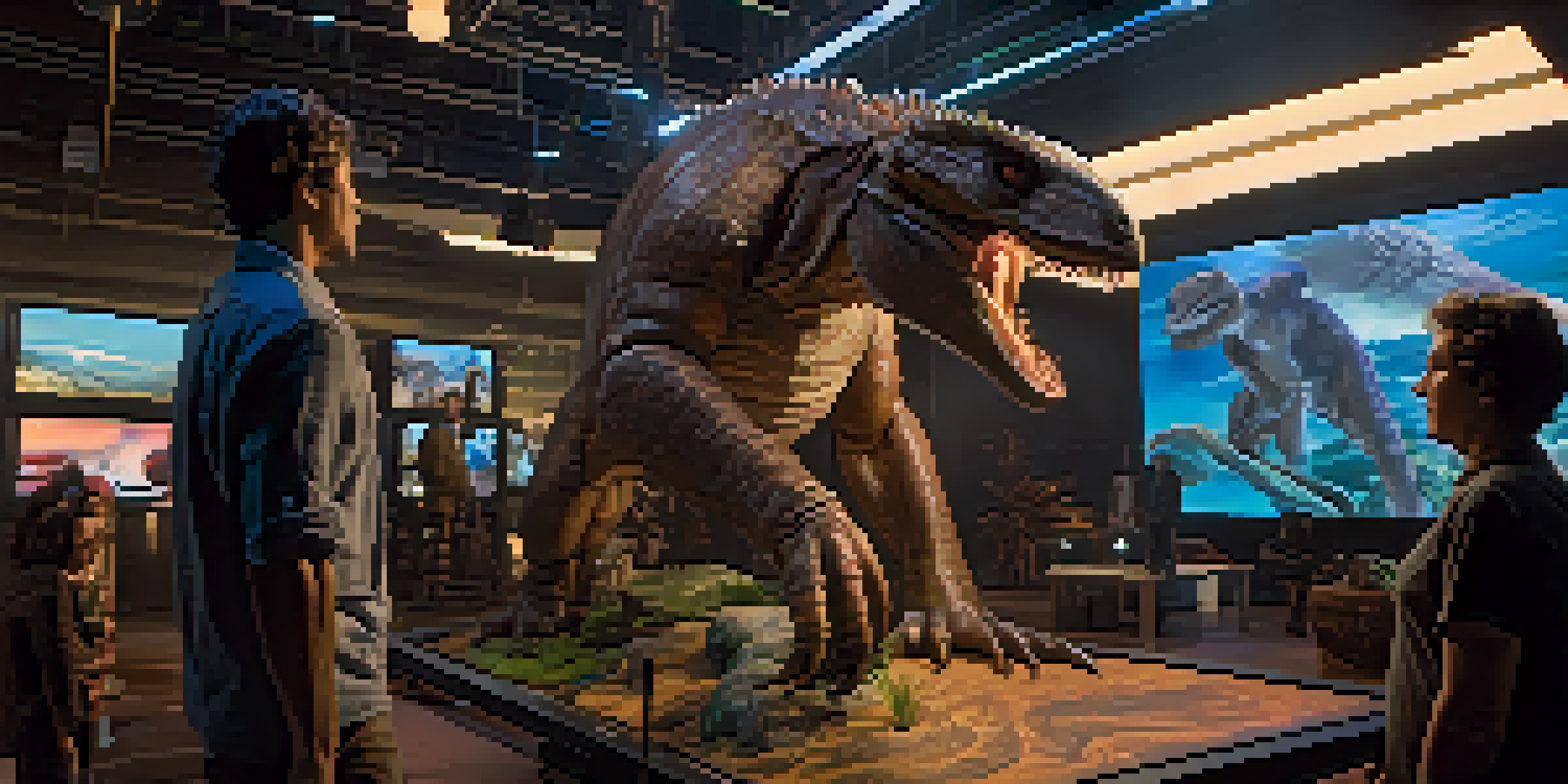 An actor on a film set interacting with a lifelike animatronic creature, surrounded by digital screens showing CGI backgrounds, illuminated by soft lighting.