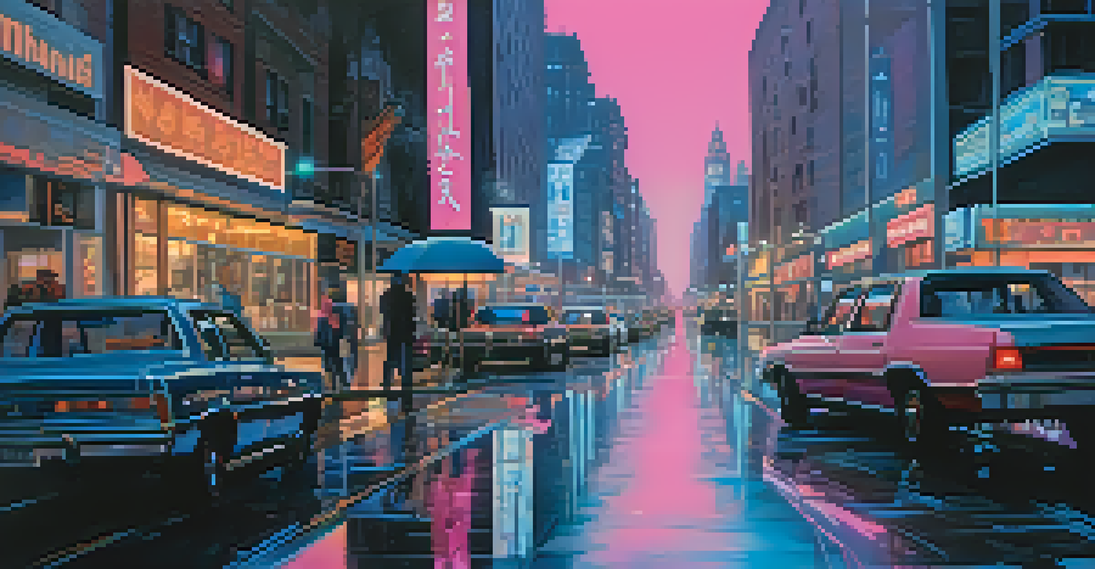A bustling city at night with neon lights reflecting on wet pavement, creating a dramatic urban atmosphere.