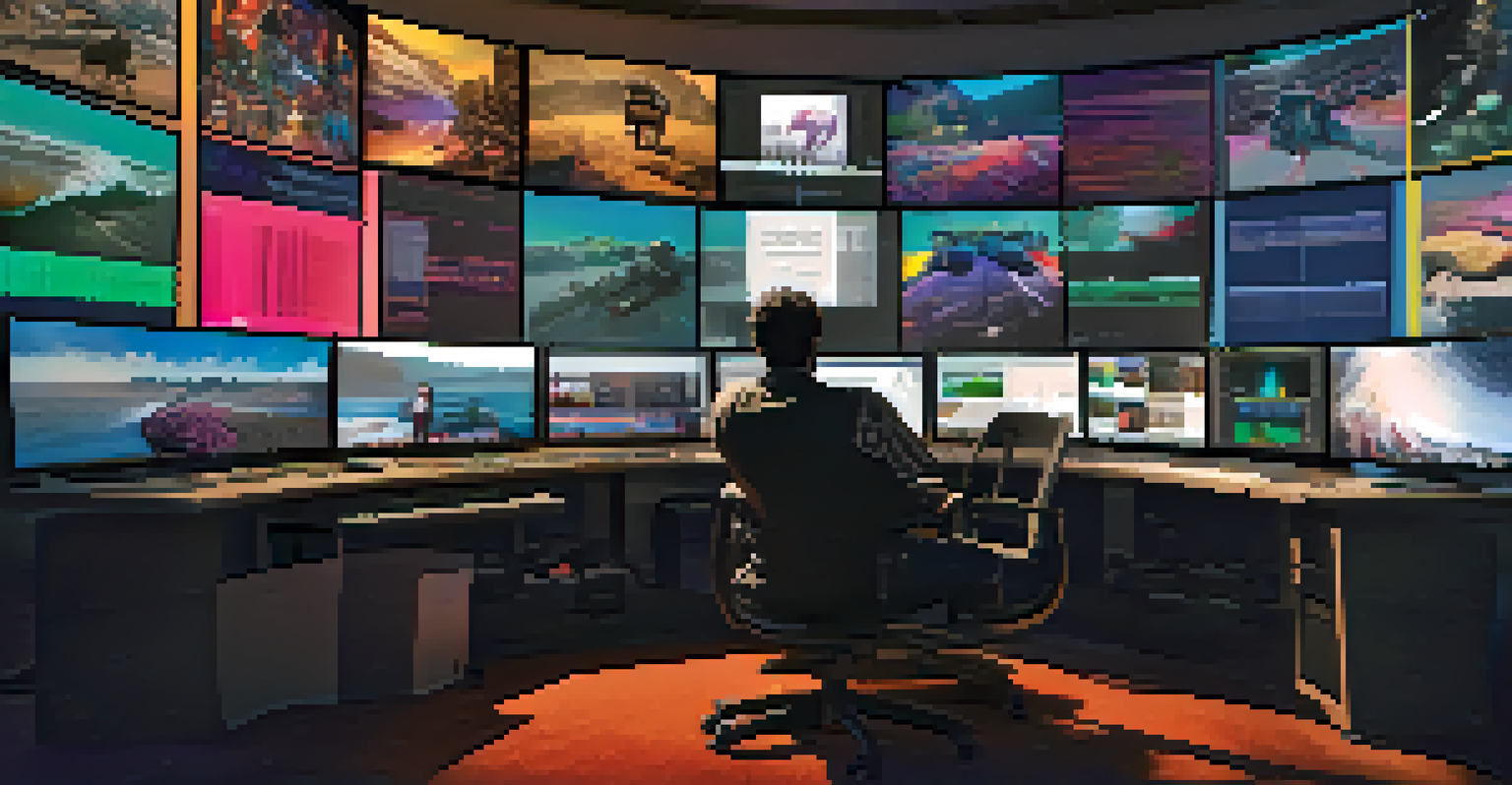 A filmmaker in a bright editing room working on movie trailer edits with multiple screens and notes around.