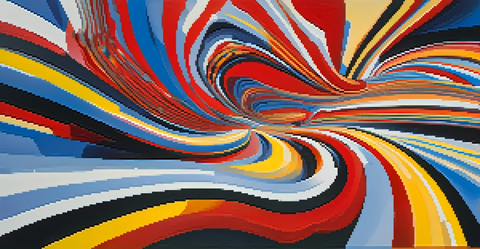 An abstract image depicting rhythm in film editing with dynamic lines and bright colors representing cuts and transitions.