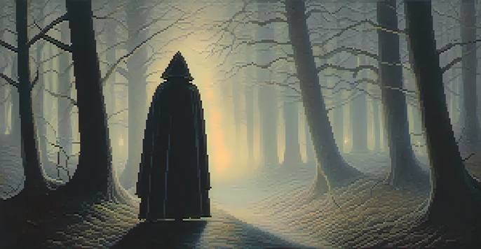 A solitary figure in a vintage cloak stands in a dimly lit forest, holding a flickering lantern, surrounded by mist and ghostly figures.