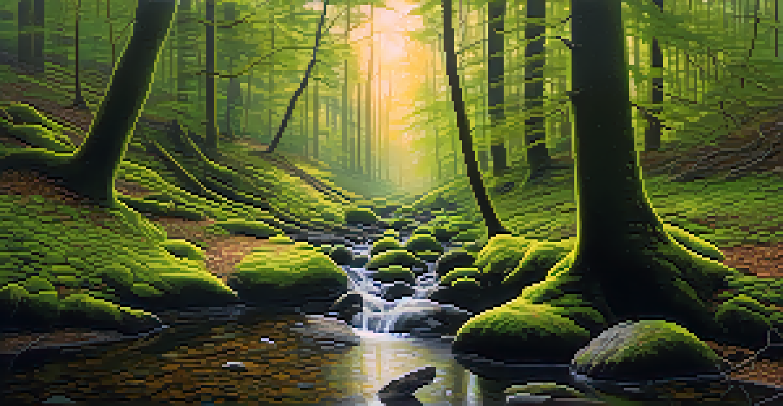 A misty forest in the morning light with a flowing stream.
