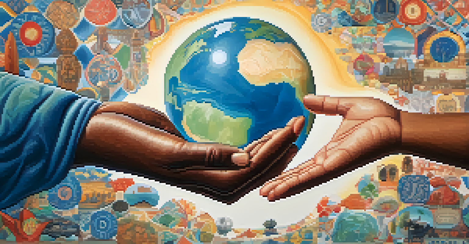 An artistic depiction of empathy, with hands reaching towards each other, one painted with a globe and the other with cultural symbols.