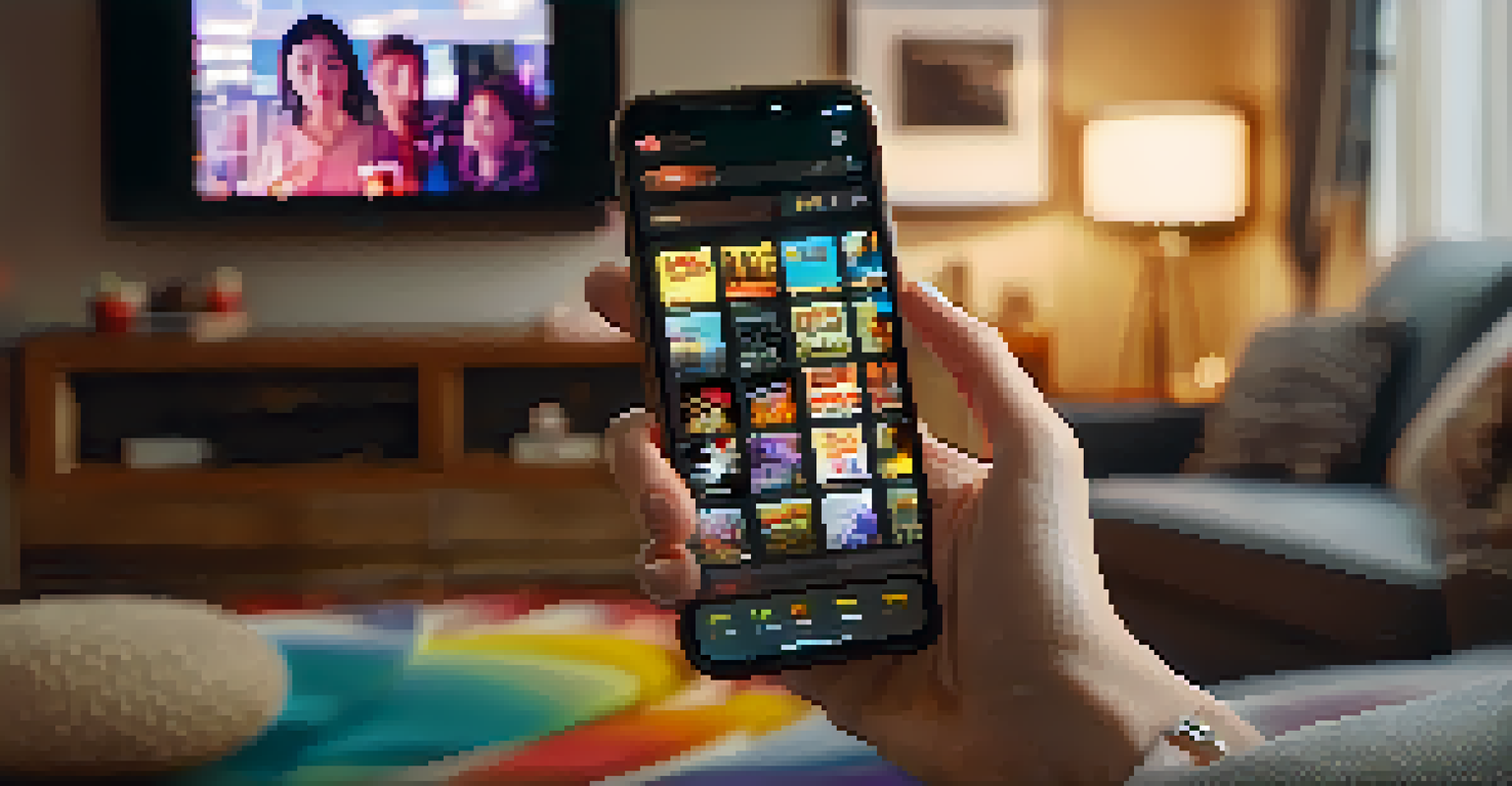 A close-up of a smartphone showing a streaming platform with diverse international movie thumbnails in a cozy living room.