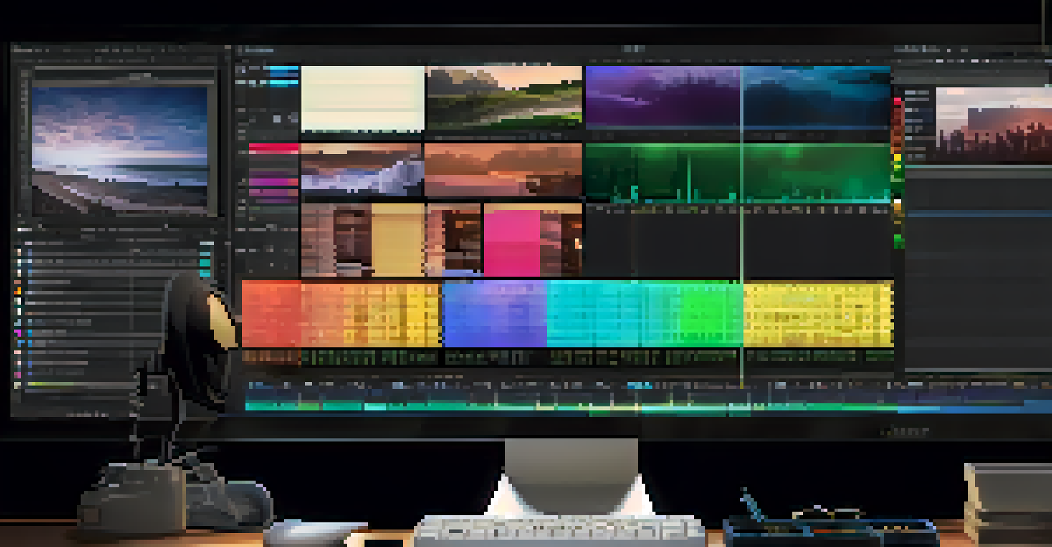 Close-up of a film editing timeline on a computer screen, with colorful clips arranged in an intricate pattern in a dimly lit workspace.
