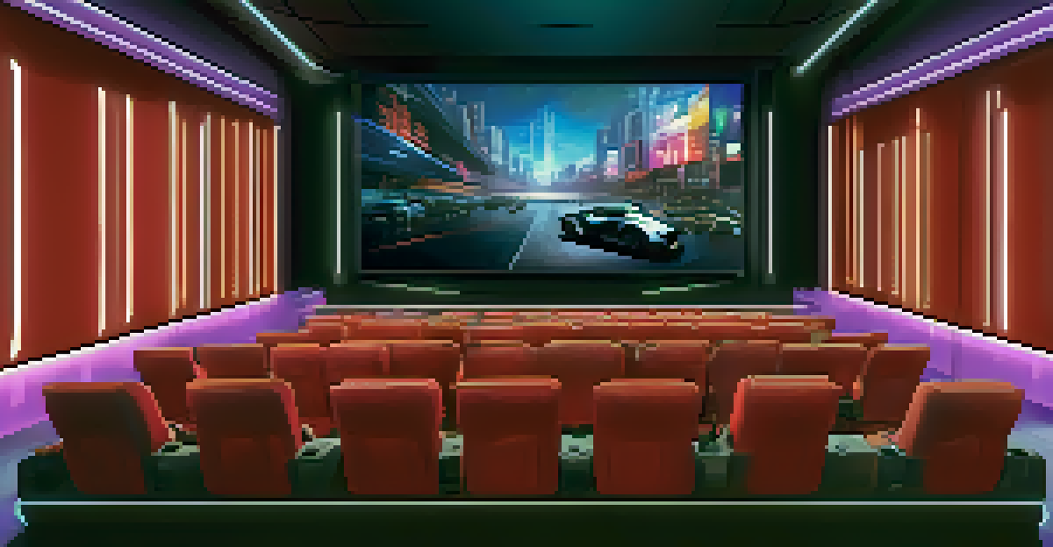 A modern cinema hall featuring plush seats and large screens displaying different film genres with colorful ambient lighting.