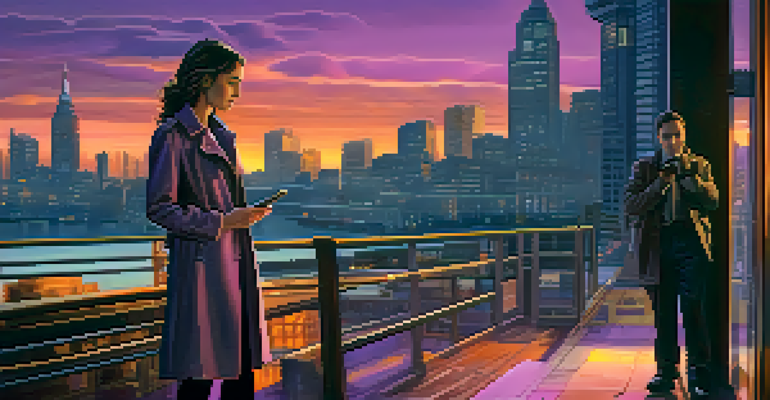 A young female detective analyzing evidence on her smartphone at a crime scene in a modern urban setting.