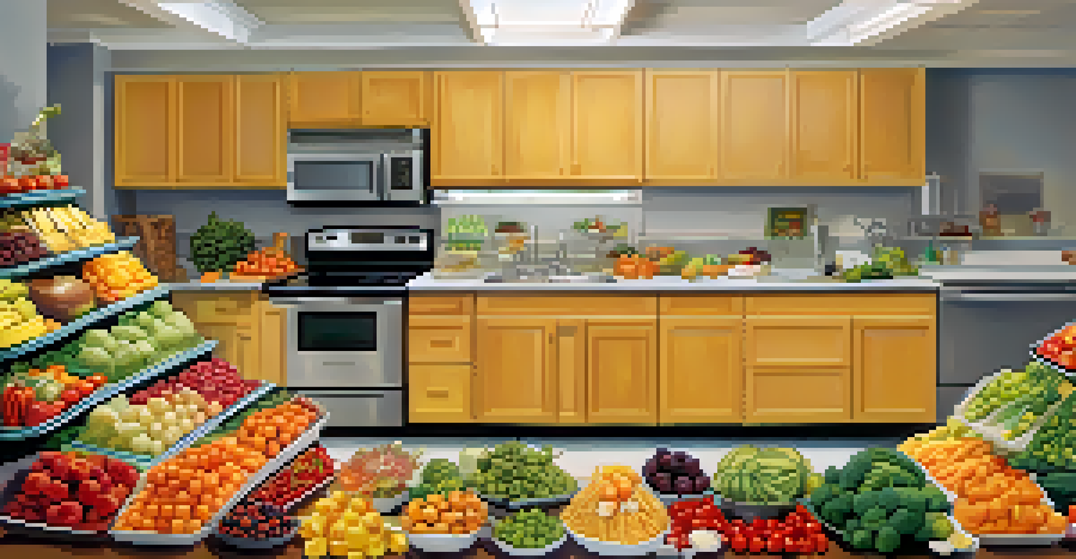 A split image showing healthy fruits and vegetables on one side and fast food items on the other, set in a kitchen background.