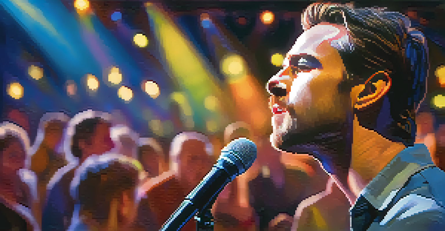 An actor on stage in a spotlight during an improvisational performance, with an expressive face and a blurred audience in the background.