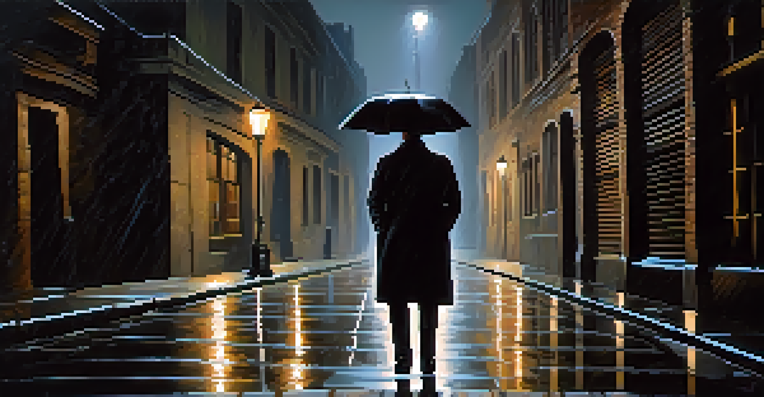 A film noir scene with a shadowy figure in a trench coat standing in a dimly lit alley under a flickering streetlight, with rain-soaked pavement reflecting the light.