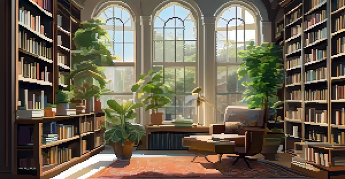 A cozy library with natural light, bookshelves, a reading nook, and a cup of coffee.