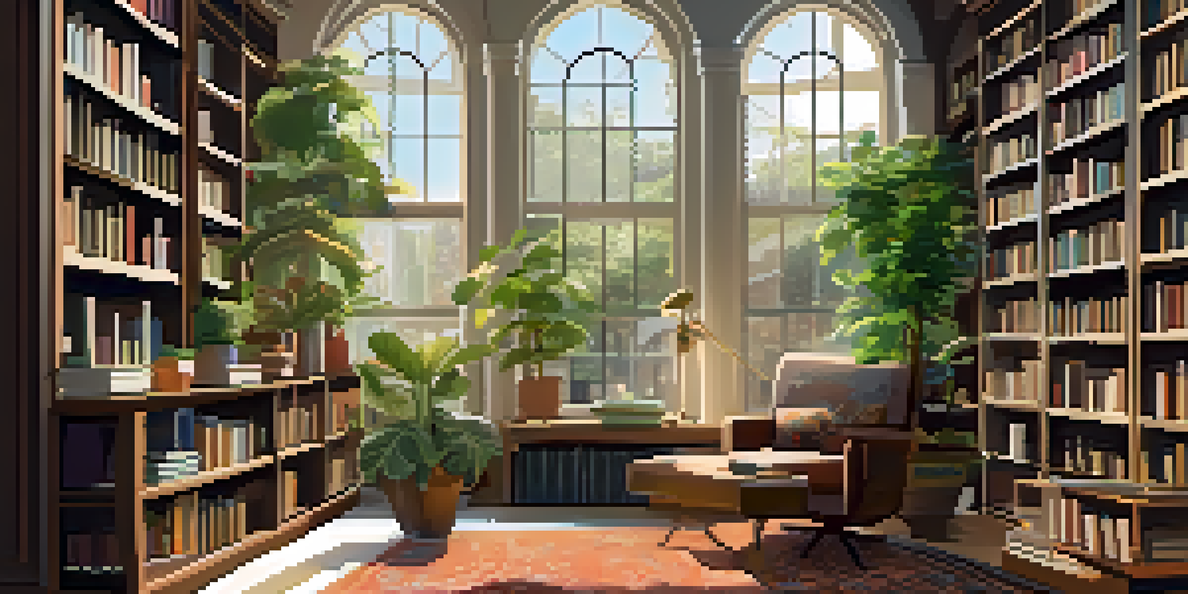 A cozy library with natural light, bookshelves, a reading nook, and a cup of coffee.