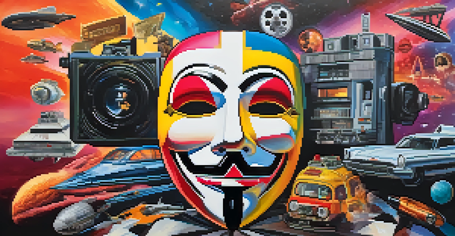 A collage of film genre symbols including a horror mask, a romantic heart, and a sci-fi spaceship on a colorful background.