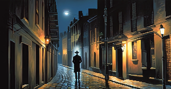 A dark alleyway with a flickering streetlight and a figure in a fedora, emphasizing a film noir atmosphere.
