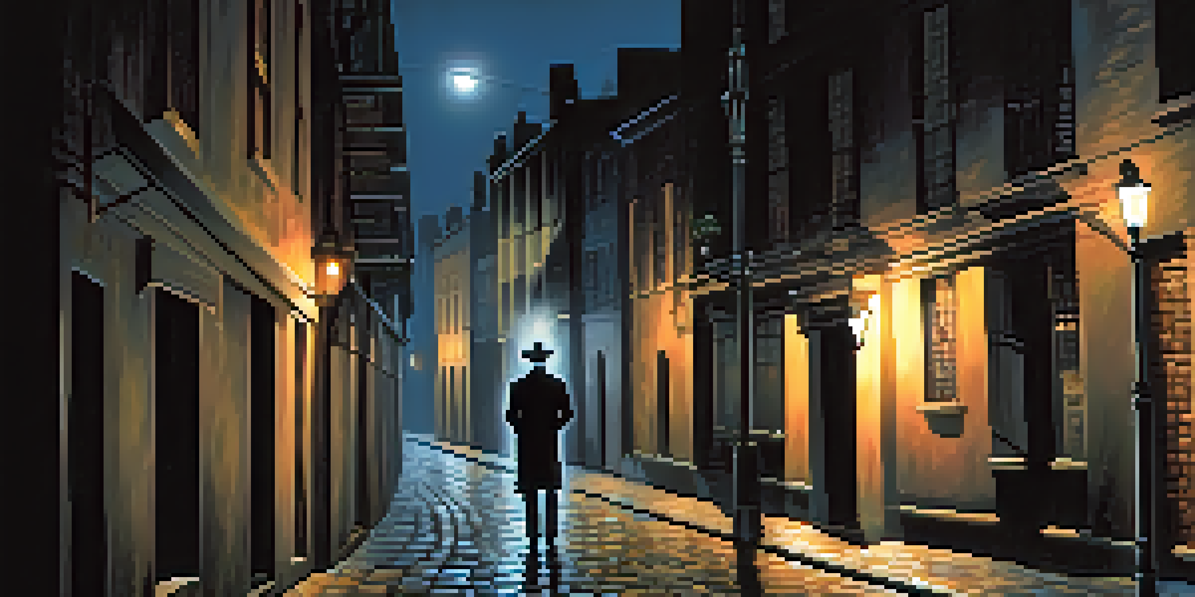 A dark alleyway with a flickering streetlight and a figure in a fedora, emphasizing a film noir atmosphere.
