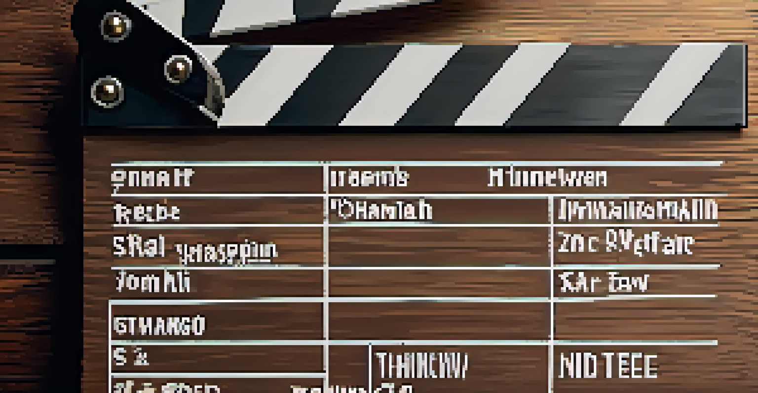 A close-up of a film slate on a wooden background, showcasing details written in chalk with soft focus and inviting lighting.