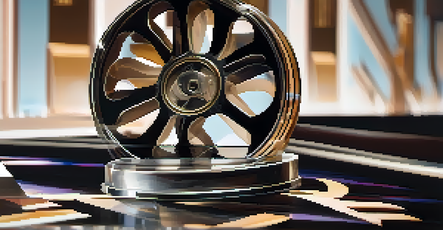 A close-up of a film reel and award trophy on a table, symbolizing recognition at the BFI London Film Festival with blurred film posters in the background.