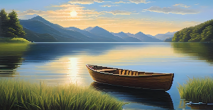 A tranquil lake surrounded by green mountains at sunset, with a small boat floating on the water.