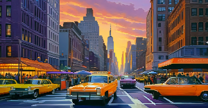 A busy street in New York City during sunset, with diverse people, food carts, and a colorful skyline.