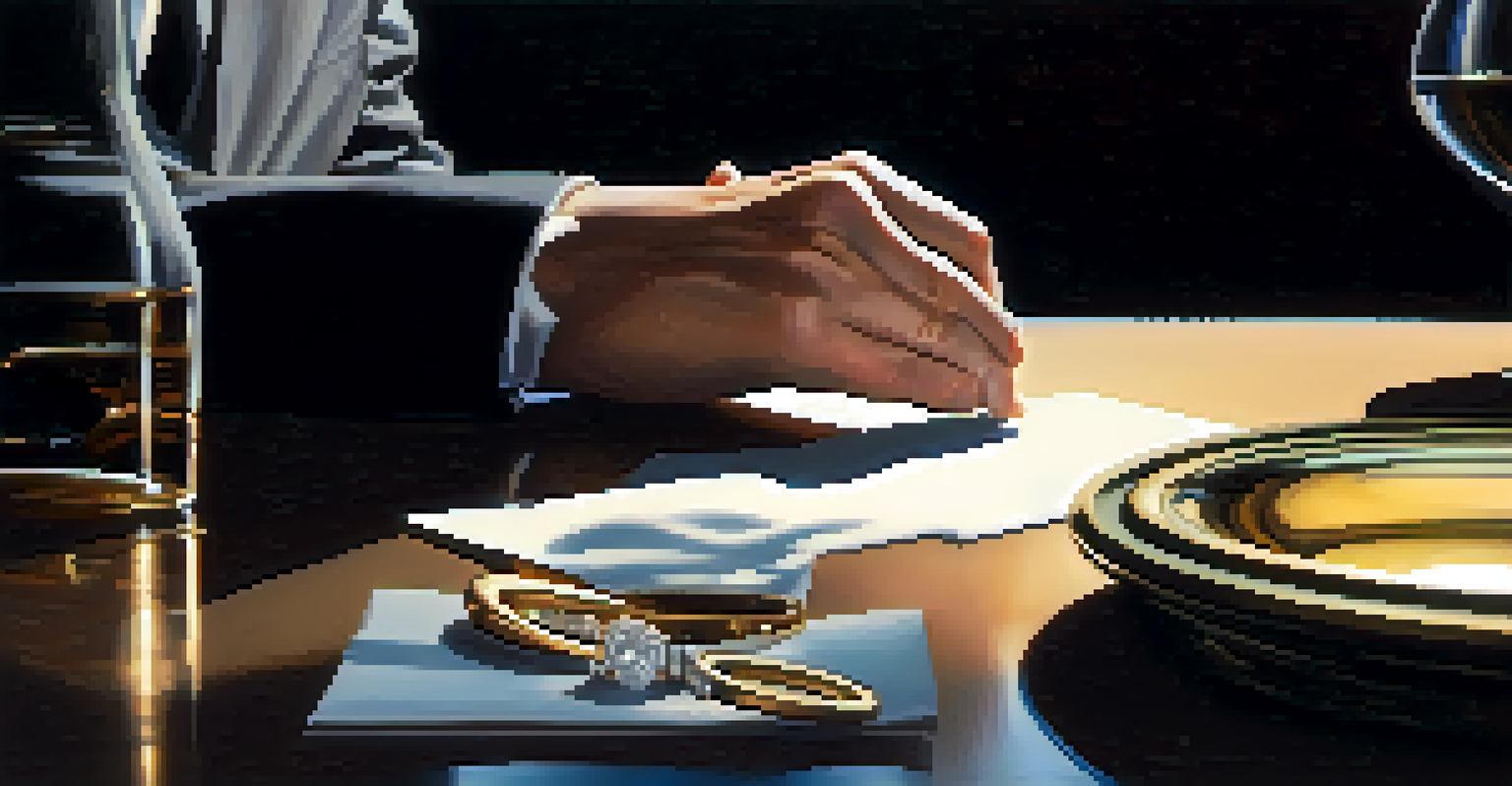 A character looking at a wedding ring and a business card on a table, with dramatic lighting emphasizing their inner conflict.