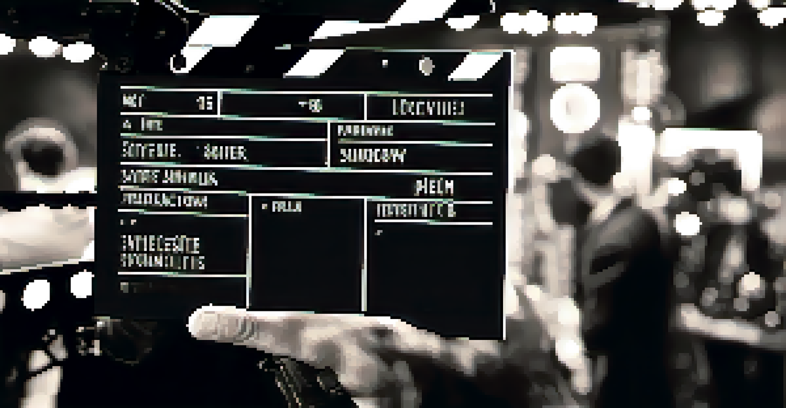 A close-up of a classic film slate on a 1920s film set with actors and crew in the background, illuminated by bright studio lights.